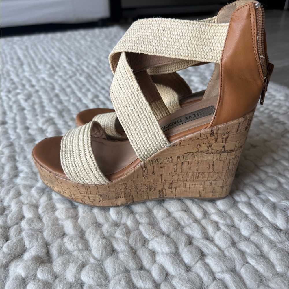 Steve Madden Brown and Cream Wedge Sandals